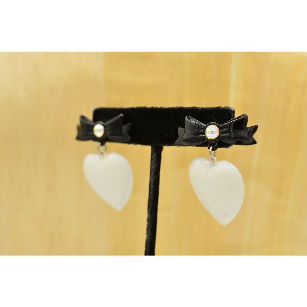 Vintage Heart Bow Dangle Earrings Black White Iridescent Cabochon NOS 1980s 9L